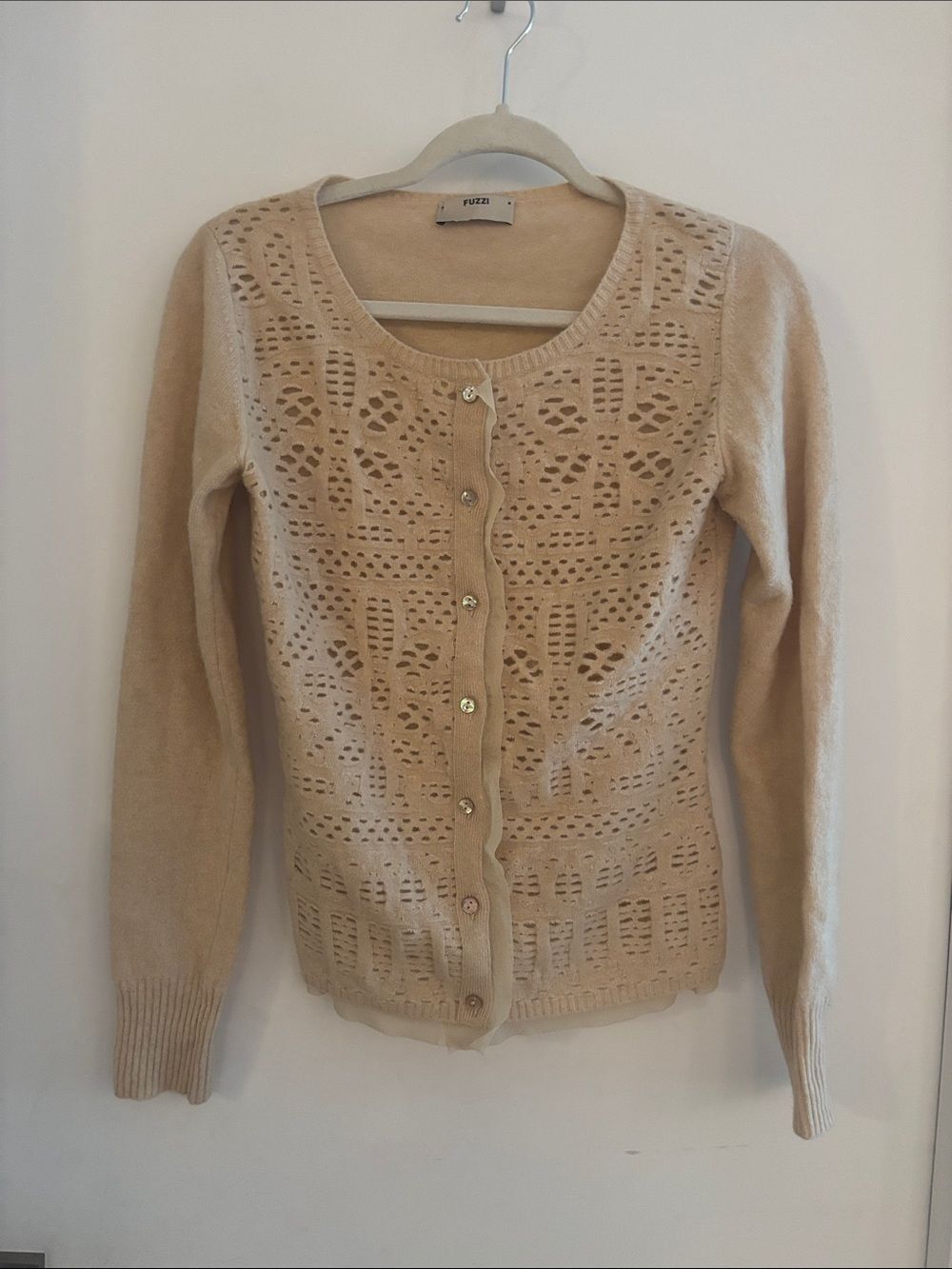 Fuzzi Cut Out Button Up Cardigan Sweater XS Cream Virgin Wool Italy Pearl Knit